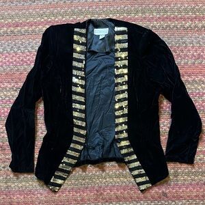 80s VTG BLACK VELVET GOLD SEQUIN TRIM BLAZER JACKET